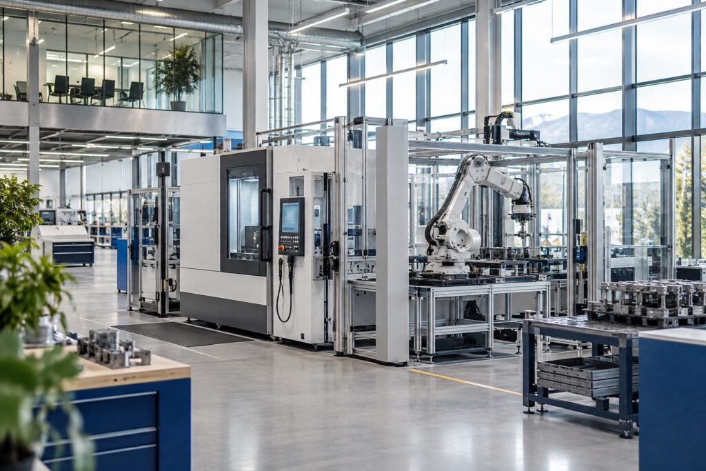 Nowoczesna hala produkcyjna z automatycznymi maszynami i robotem przemysłowym